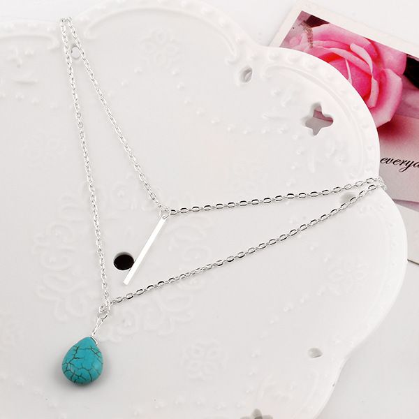 

women style simple retro turquoise pendant chokers necklace multi-layer silver plated chain fashion street snap collarbone jewelry