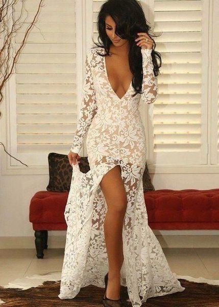 

modern lace deep v-neck mermaid prom dress front split long sleeve evening prom dresses, Black