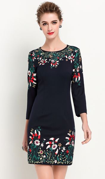 

embroidery women sheath dress round neck 3/4 sleeve dresses 1016203, White;black