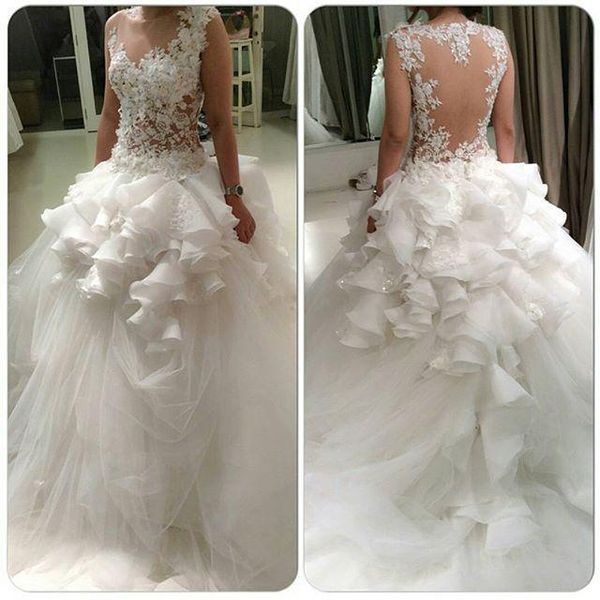 

krikor jabotian backless arabic wedding dresses ball gown backless ruffles organza appliques wedding gowns bridal dresses, White