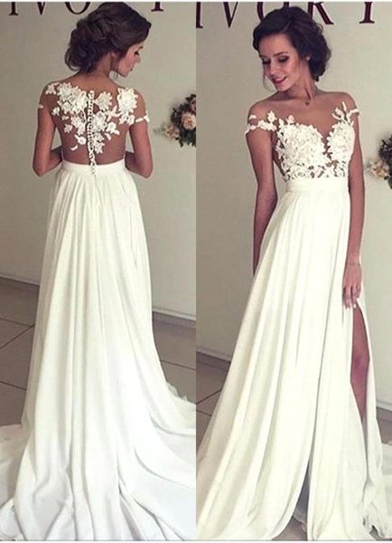 

2017 short sleeves lace chiffon a line wedding dresses illusion back applique split summer beach bridal gown with button back ba3033, White