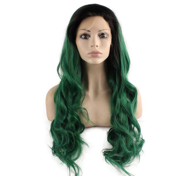 SF5 Frente Lace Wig Ombre escuro Raiz Verde peruca, Ombre Synthetic ondulado peruca verde Kanekalon Partido elegante peruca Natural Hairline