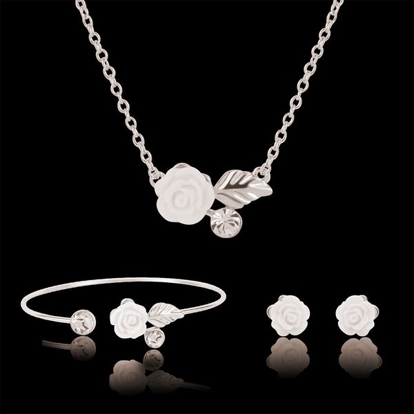 

bracelet earrings necklace jewelry set elegant fashion women rhinestone & acrylic rose white gold plated party jewelry 3-piece set js261, Black