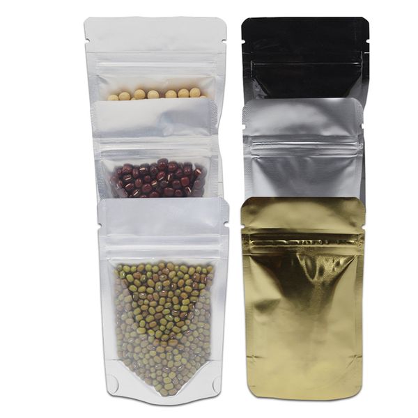 50 Pz/lotto Chiaro Anteriore/Posteriore Argento Oro Nero Zip Lock Stand Up Foglio di Alluminio Puro Mylar Borse Doypack Snack Alimentari Borsa A Chiusura Lampo