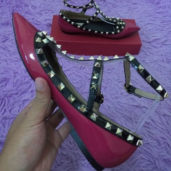 

2017 new customized 100+ color rivets shoes women summer flats quality pointed toes flat sandals thin flat heel size 33-42, Black