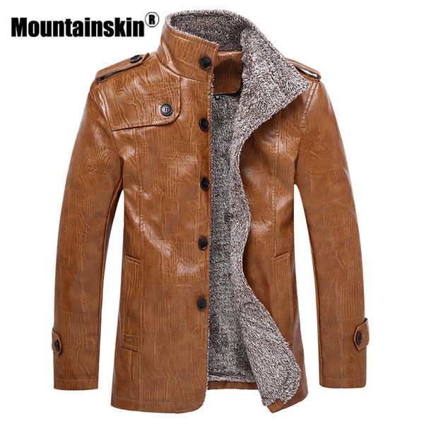 

wholesale-mountainskin winter men's leather jackets 7xl 8xl stand collar long coats men windbreaker fleece pu leather male jacket sa375, Black