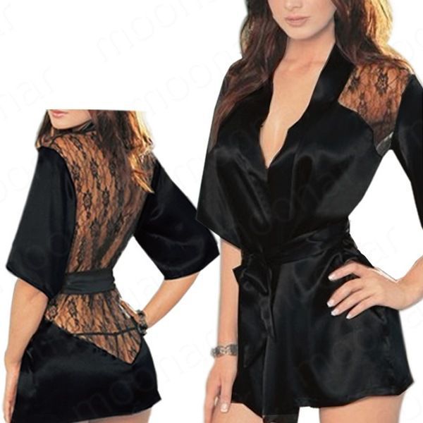 

wholesale-new women sexy sleep wear coat sexy lace patchwork black lace sleepingcoat lady with waistband, Black;red