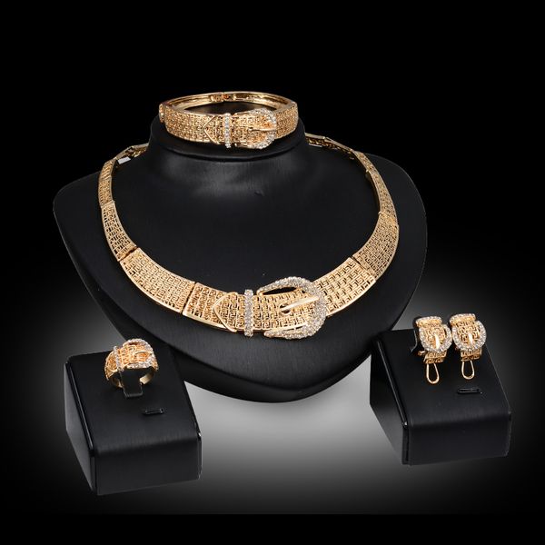 

necklaces earrings bangles rings jewelry sets fashion exaggerated rhinestone 18k gold plated buckle style wedding jewelry 4-piece set js041, Slivery;golden