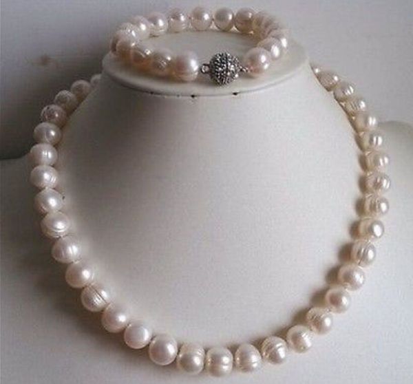

9-10mm white freshwater cultured pearl necklace bracelet set 18"/7.5", Silver