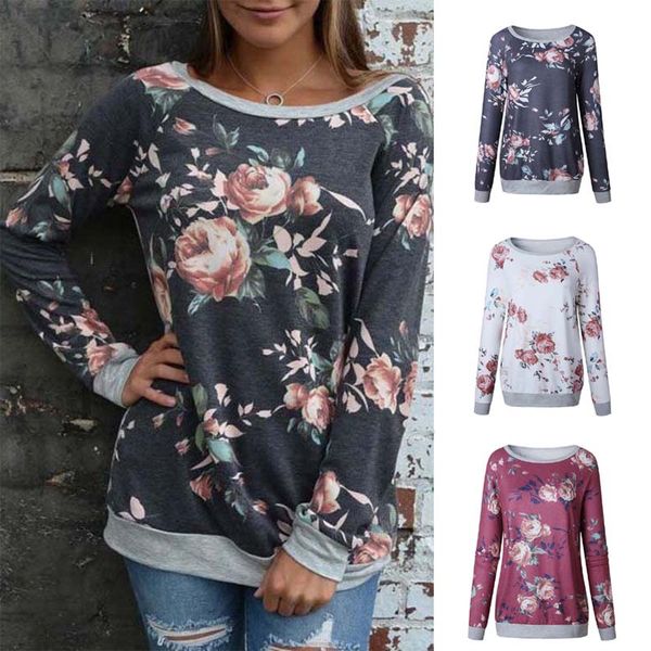 

new womens ladies casual long sleeve floral printed loose sweatshirts pullover 3 colors 4 size, White