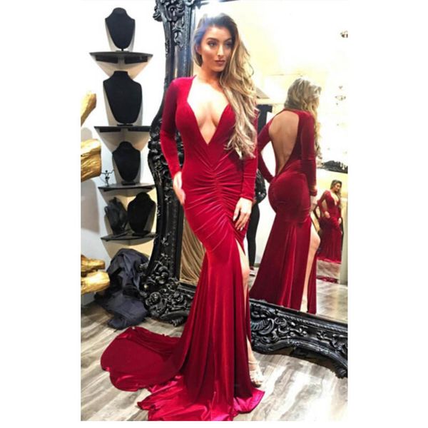 

deep v-neck dark red prom dress formal dress long sleeves open back long evening dress vestidos de fiesta, Black