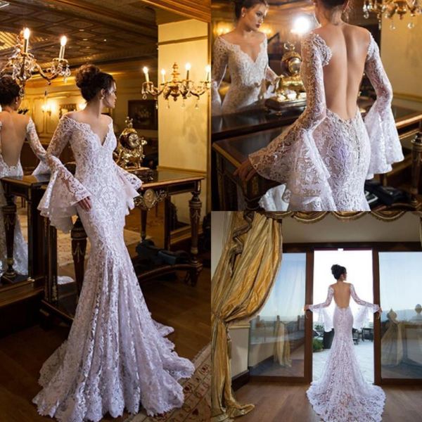 

beach lace wedding dresses long poet sleeves sheer bridal dresses 2016 backless mermaid wedding gowns v neck, White