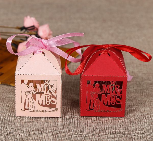 

hollow laser cut paper red pink mr mrs groom bride wedding candies box chocolate favor boxes for candy wholesale 1000pcs lot