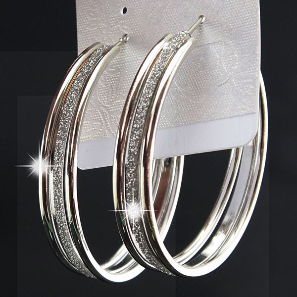 

12pcs charms fashion 3 rows silver frosted big hoop earrings for womens wedding bridal party jewelry b1059, Golden;silver