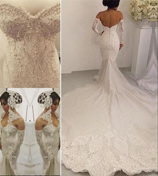 

2017 vestido de novia white pearls mermaid long wedding dresses sweetheart tulle lace bodice chapel train bridal gowns