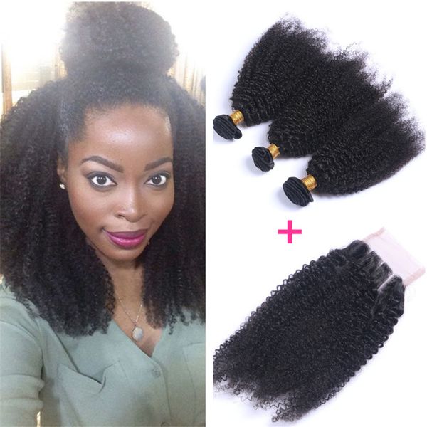 

3pcs malaysian virgin hair weaves with closure afro kinky curly virgin hair bundles with closure malaysian curly human hair extensions, Black