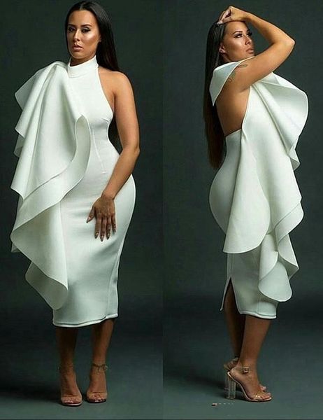 Nigeriano elegante especial branco curto vestidos de cocktail babados sem costas vestidos de festa de noite fenda traseira vestidos de baile árabe africano254z