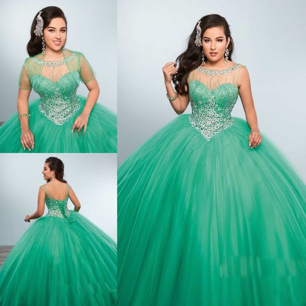 

light green rhinestones quinceanera dresses jewel neck beaded masquerad ball gowns tulle crystal debutante dress with jacket, Blue;red