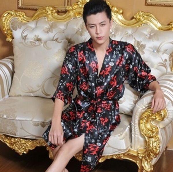 

wholesale-2016 new chinese style men's silk robe traditional printed bath gown summer lounge sleepwear png  mb022, Black;brown