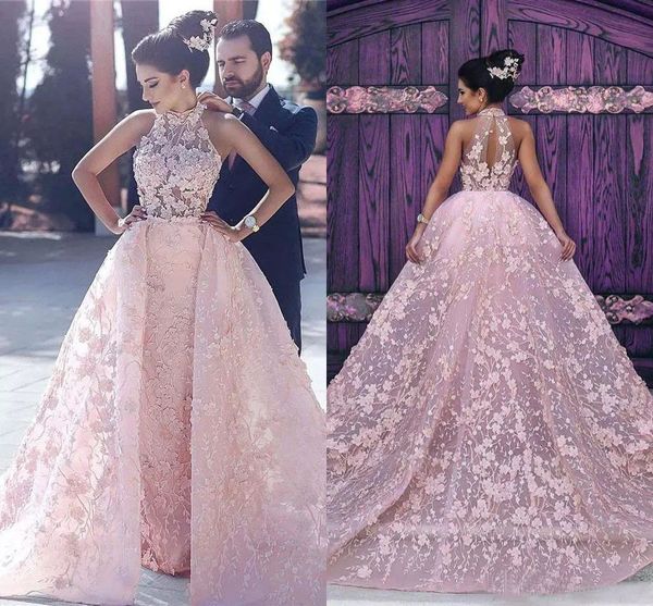 Rosa Full Lace Vestidos 2020 com overskirt Beads trem apliques Keyhole Voltar formal Vestidos Prom Party