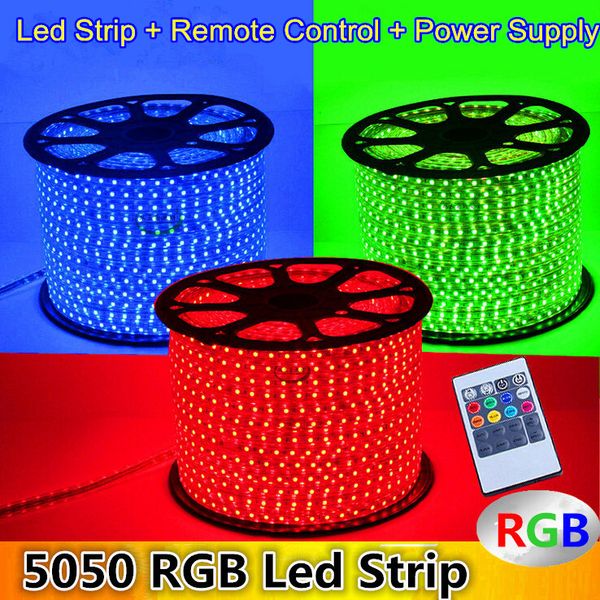 

10m 15m 20m 25m 30m 35m 40m 45m 50m 110v/220v high voltage smd 5050 rgb led strips lights waterproof + ir remote control + power supply