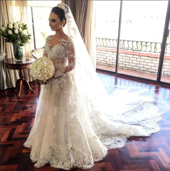 

2016 new glamorous long sleeves a line wedding dresses lace appliques beadings vintage royal tulle sweep train bridal wedding gowns, White