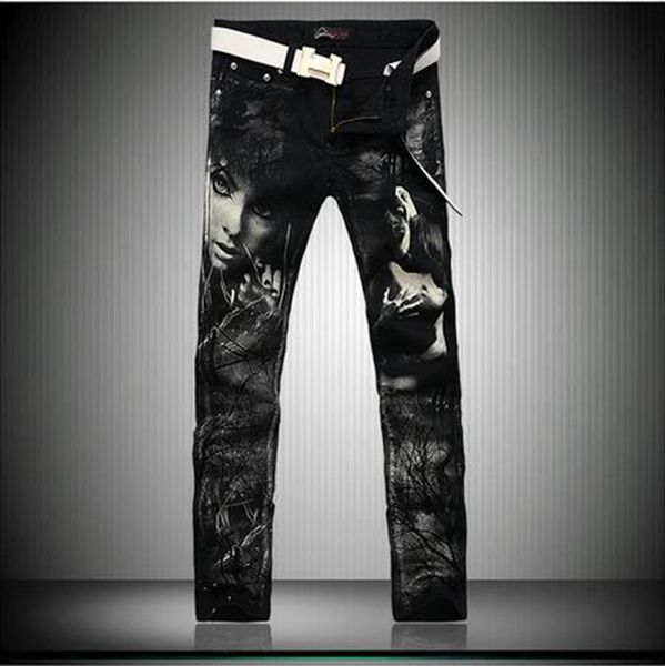 

new men's leisure fashion personality, cultivate one's morality show thin cotton denim printing straight black trousers 339 /28-38, Blue