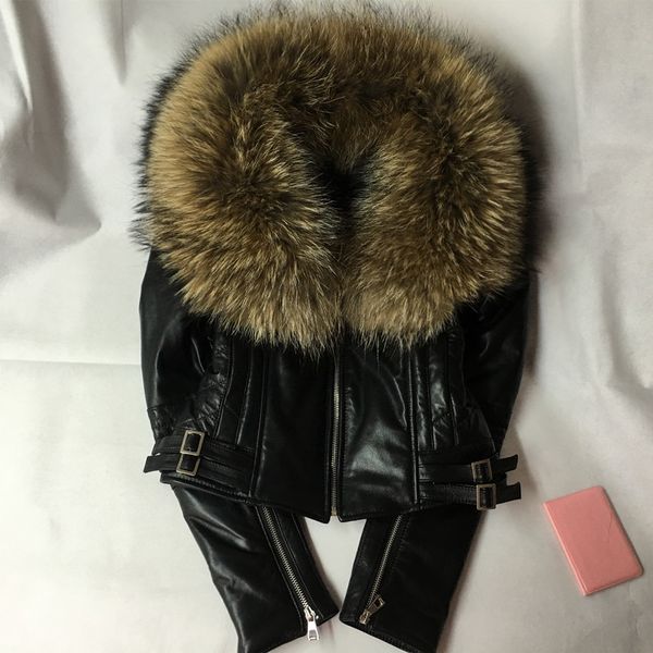 

wholesale-2016 fashion new style genuine leather jacket with big raccoon dog wool women's sheep skin real leather coat for female, Black