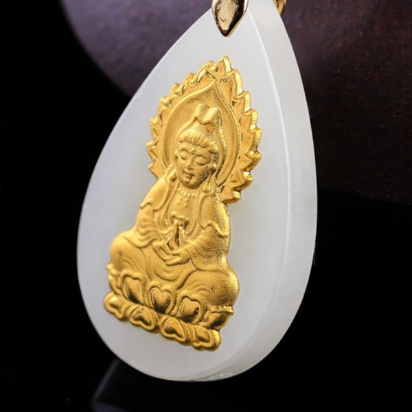

gold inlaid jade dripping guanyin bodhisattva. talisman necklace pendant, Silver