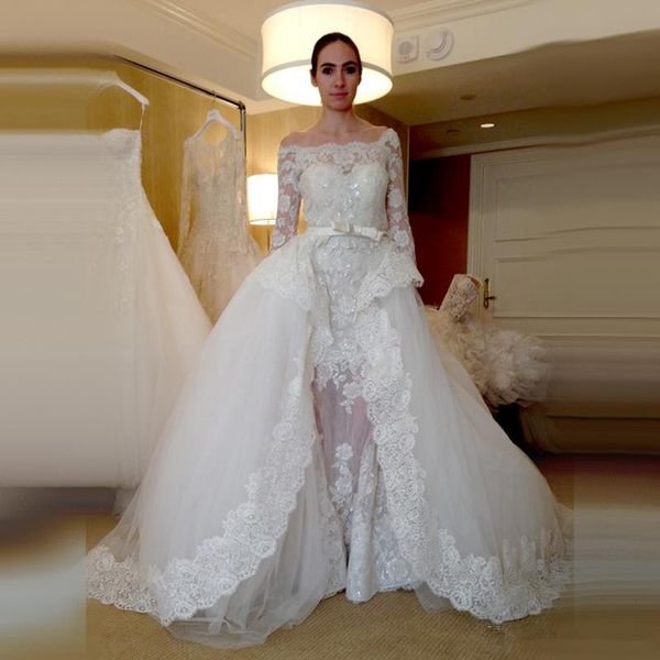 

new luxury design detachable train wedding dress long sleeve off shoulder kace removable train bridal gowns custom size, White