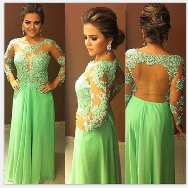 

Sexy Nude Back Green Chiffon Prom Evening Dresses Long Sleeves 2019 New Elegant Scoop Lace Party Formal Gowns Vestido De Fiesta Baile