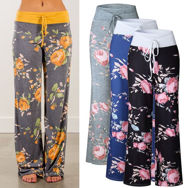 

S-3XL Women High Waist Casual Floral Flower Print Drawstring Wide Leg Palazzo Pants Ladies Loose Pajama Trousers