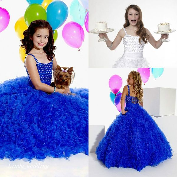Yüksek Kaliteli Sevimli Güzellik Kraliyet Mavi Beyaz Kızın Pageant Elbise Prenses Organze Partisi Cupcake Çiçek Kız Küçük Çocuk için Güzel Elbise