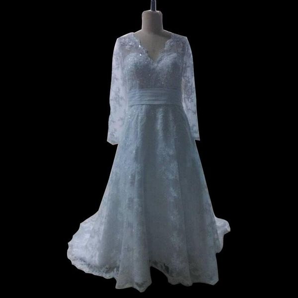 

v neck long sleeves lace tulle a line wedding dress 2019 court train wedding gowns real p, White