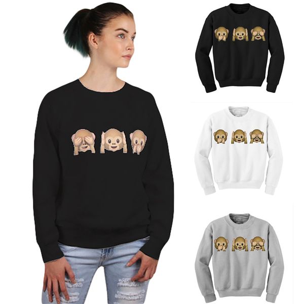 

wholesale- 1pcs monkey patterns women sweatshirt autumn hoodies long sleeve o-neck 3d emoji printed women clothing fleece hoodie, Black