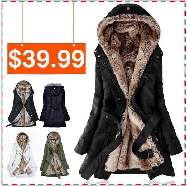 

wholesale-faux fur lining women's winter warm long fur coat jacket cotton clothes fur hoodies ladies coats wholesale, Black