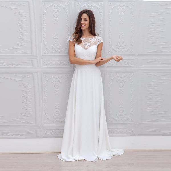 

2020 new lace chiffon scoop neckline floor length wedding dress cap sleeve open back bridal gown, White