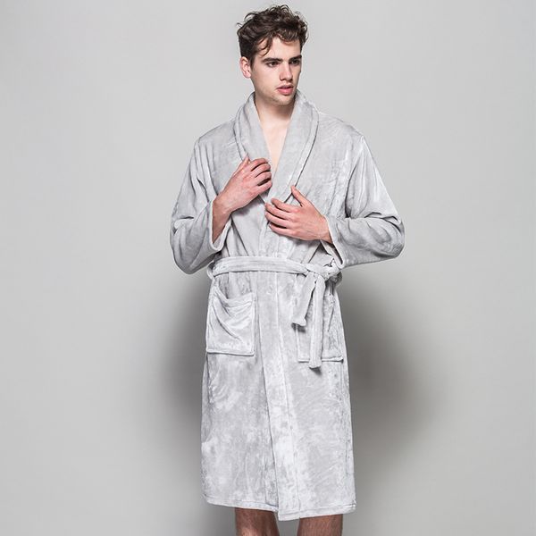 Wholesale-2016 Soft Quality Flannel Robes Man Black Grey Home Cloth Winter Long Bath Robes For Men Plug Size Spa Bathrobes