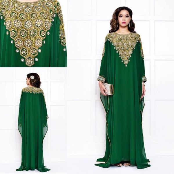 Abiti da sera verdi di Dubai maniche lunghe in chiffon Cristalli oro e argento che bordano abiti lunghi da donna musulmana araba vintage Kaftans Abaya.