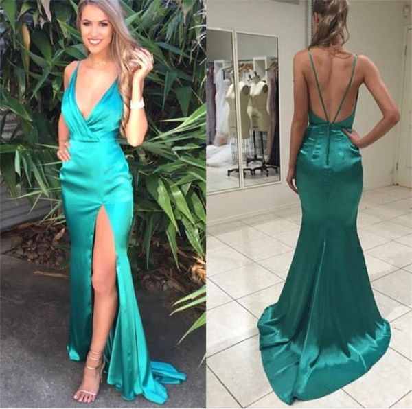 

satin evening dresses 2016 deep v-neck real image runway fashion party gowns high split backless mermaid evening gowns, Black;red