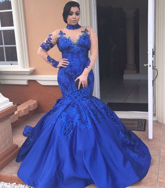 

Gorgeous Royal Blue 2020 Evening Dresses Illusion Long Sleeve Mermaid High Neck Appliques Ruffled Formal Prom Party Celebrity Gowns