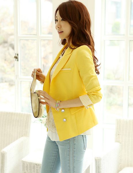 

wholesale-new arrival korea style yellow blazers clothes coat for women candy color white red for ladies 2016 autumn, White;black