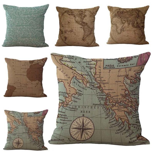 World Map Traveler Pillow Case Cushion Cover Linen Cotton Throw