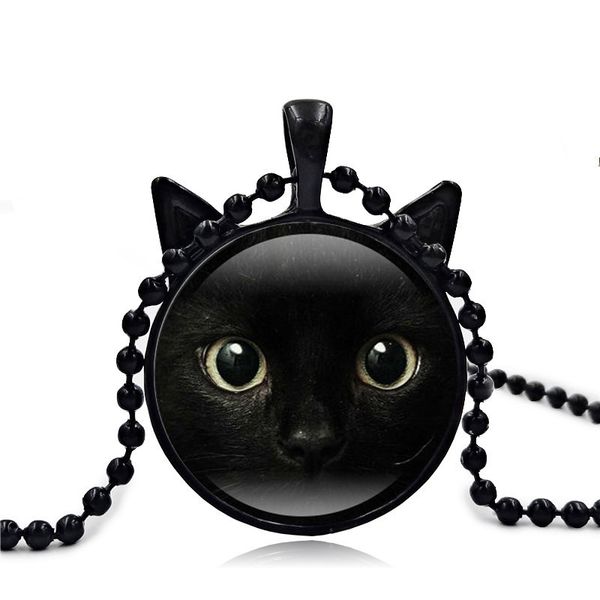 

unique necklace glass cabochon silver bronze chain necklace black cat picture vintage pendant necklace for women