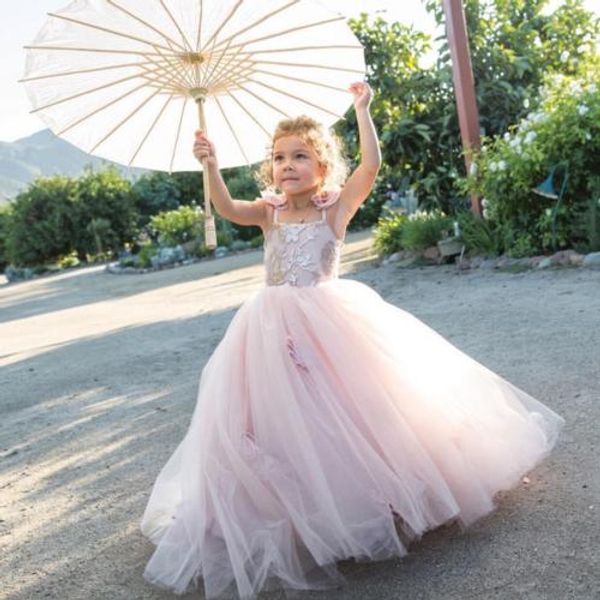 

pink princess flower girls dresses 2016 strapless lace applique tulle ball gown handmade flower kids dress wedding party gowns, White;blue