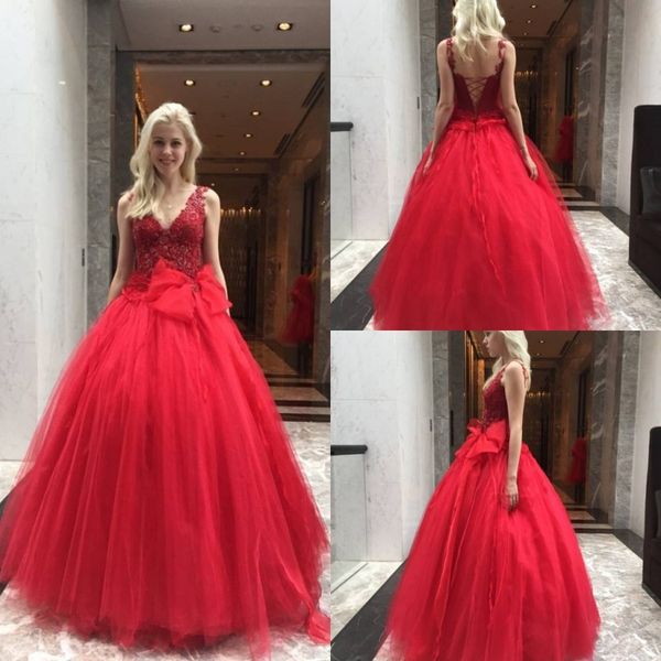 

red evening dresses big bow ball gown prom gowns custom made lace v-neck holiday party wear, Black;red