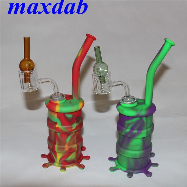 Silikon-Wasserpfeifen-Shisha-Bongs mit Doppelrohr-Quarz-Banger und Glas-Vergaserkappe, Silikonöl-Dab-Rig-Blase