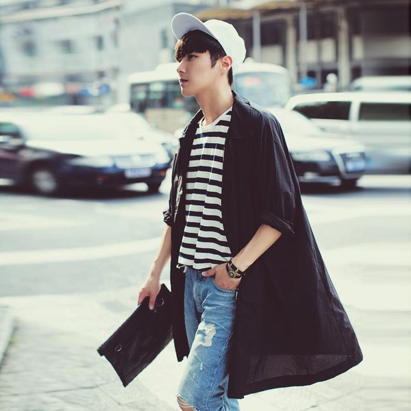 

fall-men trench jacket 2016 summer new men's thin sunscreen cardigan coat casual street long style men's coat k516, Tan;black