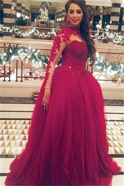 

saudi arabic dark red prom dresses 2016 lace long sleeves high neck ball gown evening dresses tulle floor length formal party dresses, Black