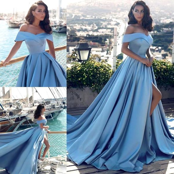 2017 Elegante blu chiaro al largo delle spalle abito da sera diviso da sera moderno arabo forma da ballo di festa253m